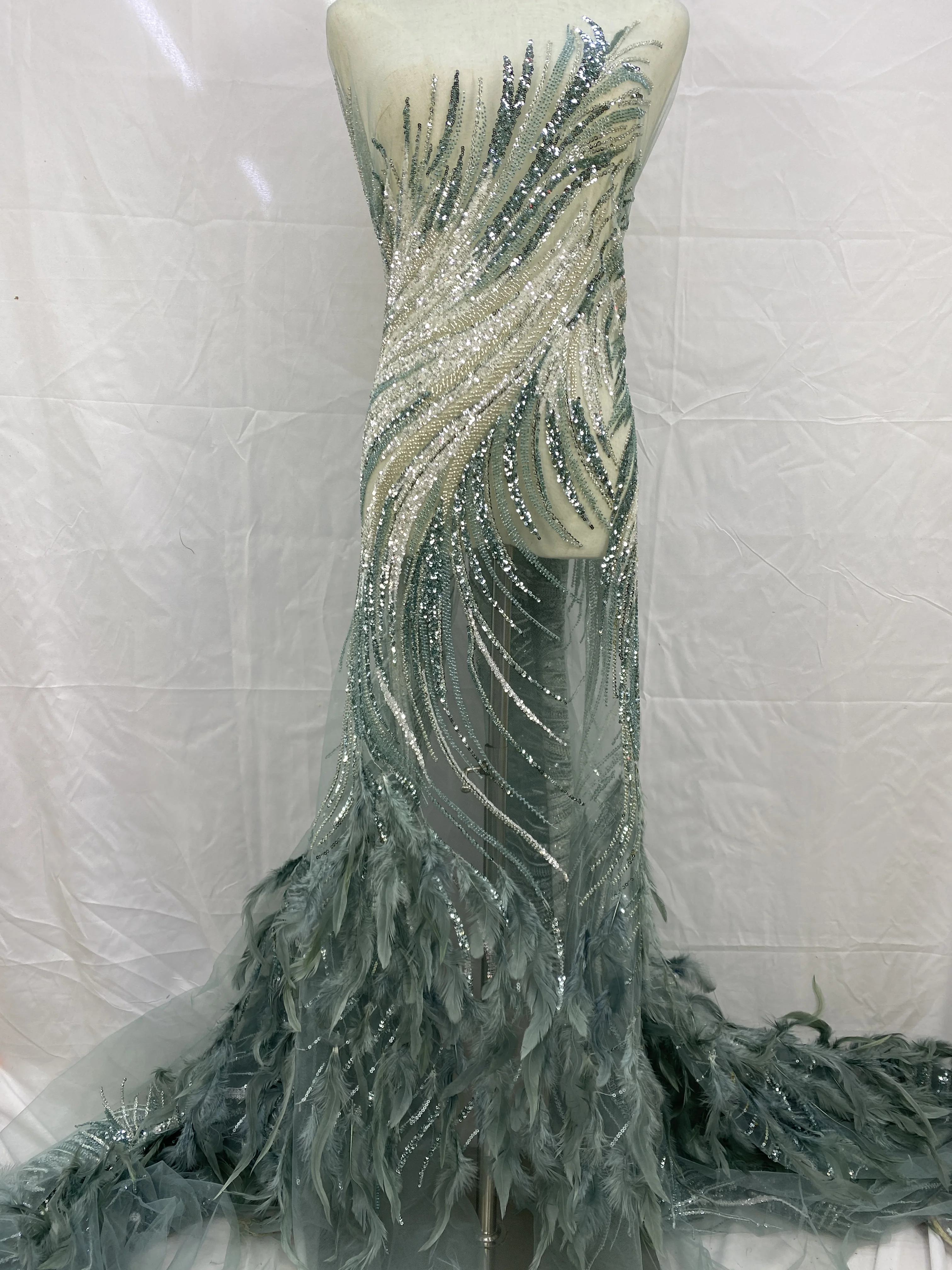 Wysokiej jakości afrykańska koronka z cekinami, siateczkowa koronka francuska luksusowa, haftowana tiulowa koronka 3D z piórami do szycia Asoebi