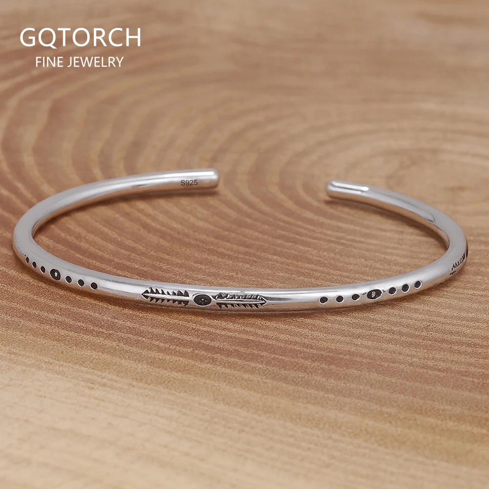 

925 Sterling Silver Feather 3mm Thin Cuff Bracelet for Women Men, Moon Star Design, Simple Retro Indian Jewelry Party Gift