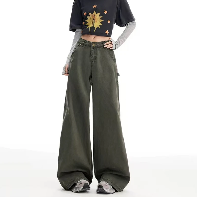 Jean Cargo vert armée à jambes larges pour femmes, taille haute, Streetwear, pantalon droit ample, mode coréenne, pantalon Denim décontracté, automne