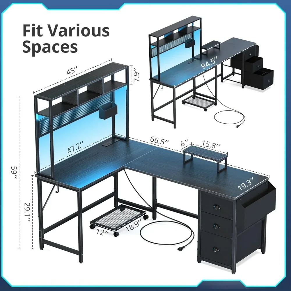 Computer Desk, Shelves Large L Shaped Desk with Drawers and Power Outlet & LED & Monitor Stand & Mobile CPU Stand, Desk Gaming