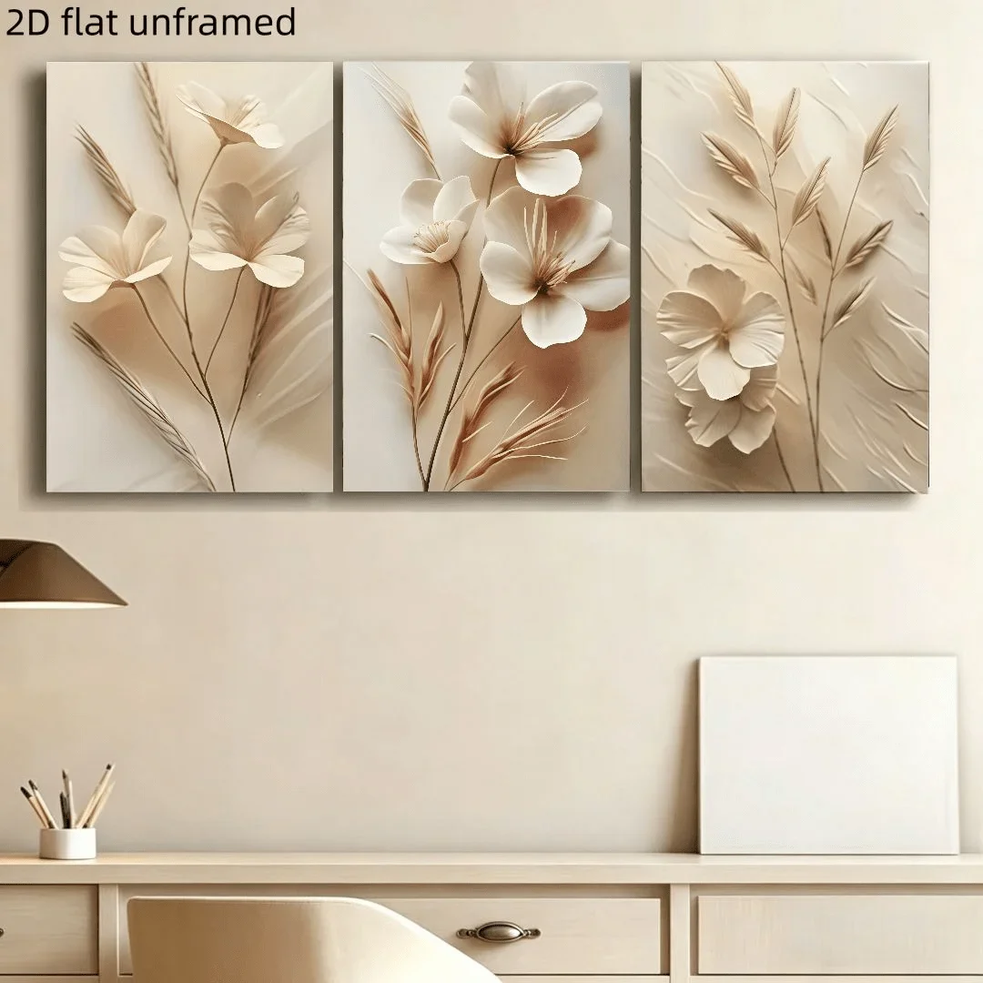 2D Flat, (2D Flat Paintings)3pcs Set Unframed Minimalist Beige Floral Theme Canvas Art Wall Decor, Modern Home Aesthetic Deco