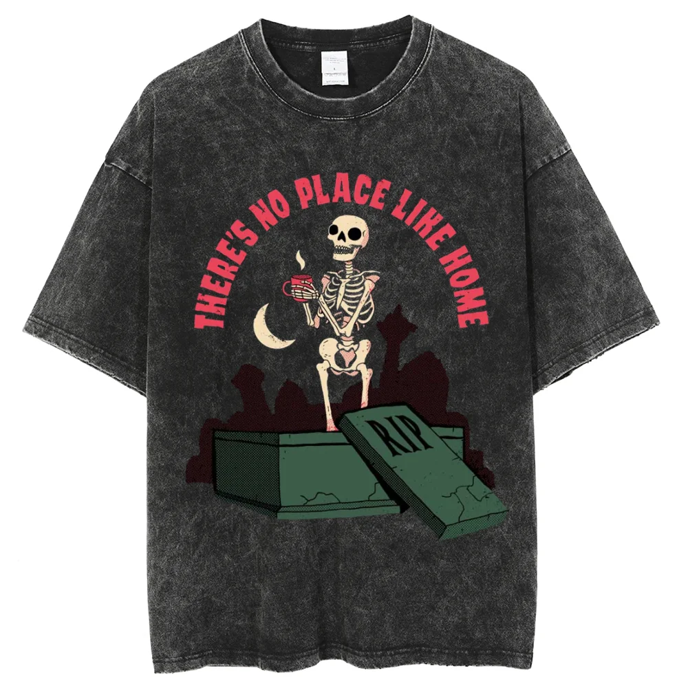 男性と女性のためのスカルプリントTシャツ,特大のゆったりとした服,半袖,ユニセックス,ウォッシュデニムトップ,学生,手頃な価格