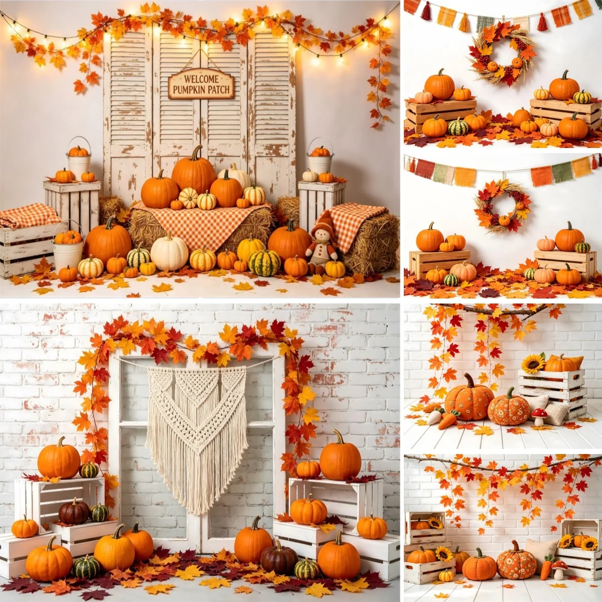 Herbstlicher Thanksgiving-Hintergrund für Fotografie, gelbe Ahornblätter, Kürbis, Innendekoration, Fotohintergrund für Erwachsene und Kinder, Porträtfotohintergrund