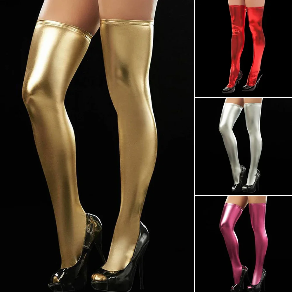 Thin Sexy Oil Shiny Stockings Transparent Thigh High Long Medias Women Glossy Nylon Rib Cuff Top Stockings Sexy Lingerie