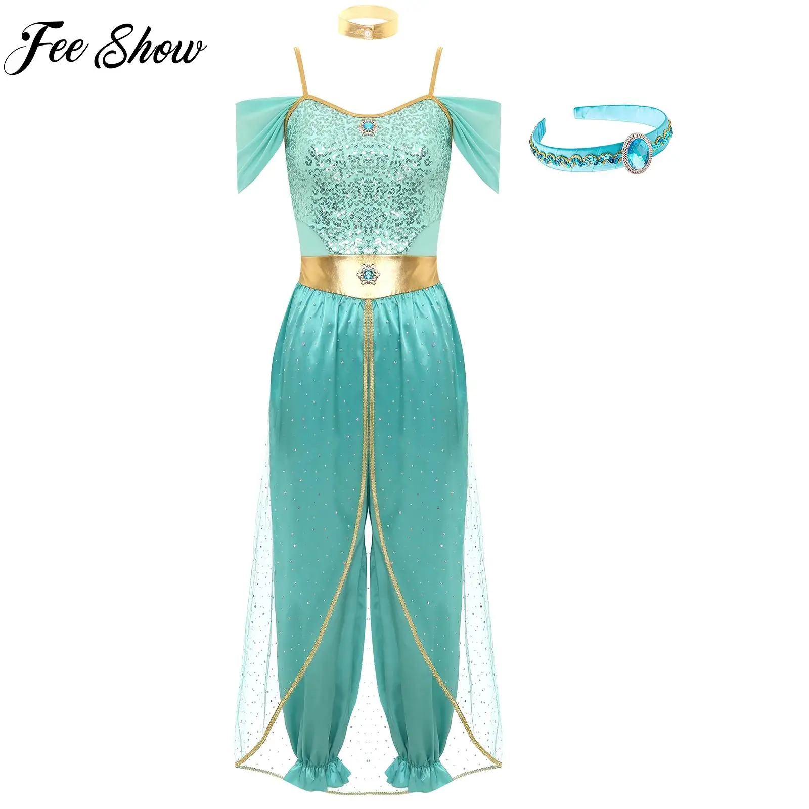 

Women Arabian Princess Costume Festival Halloween Princess Jumpsuit Jasmine Costume Sequin Tulle Rompers Indian Belly Dancewear