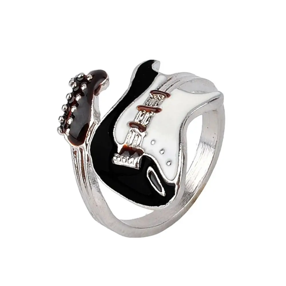 Fashion Lovers' Punk Style Women Jewelry Black White Color Varnish Guitar Oiled Alloy Ring