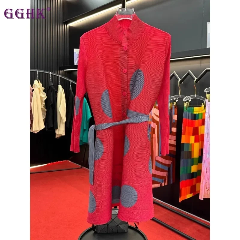 

GGHK Pleated Women Dress 2025 Spring Fall New Round Neck Long Sleeve Polka Dot Printed Tie Design Loose Large Size Dresses