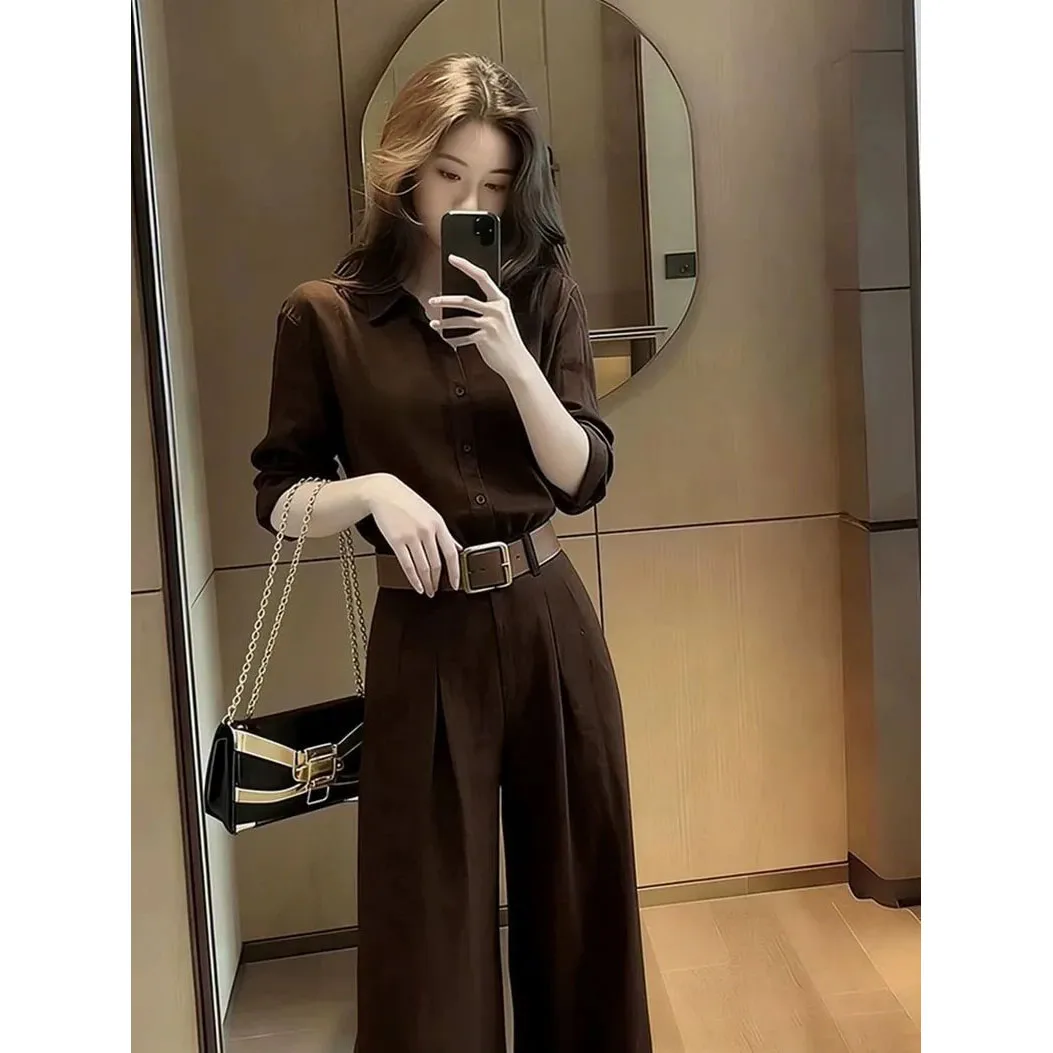 Spring Autumn Women Sets Fashion Long Sleeve Shirts Coat High Waist Suits Pants 2-piece Sets Ladies Cardigan Blouse Outfits