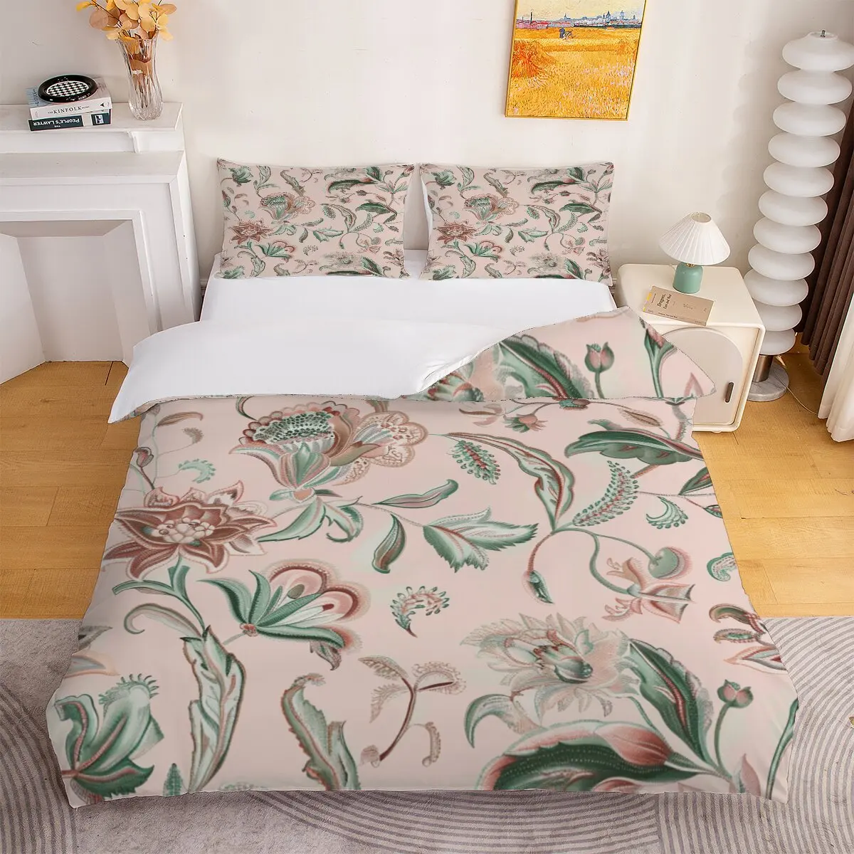 Floral pattern  Down comforter set, extra large size  pearl embellishment  1 duvet cover and 2 pillowcases (without blankets)