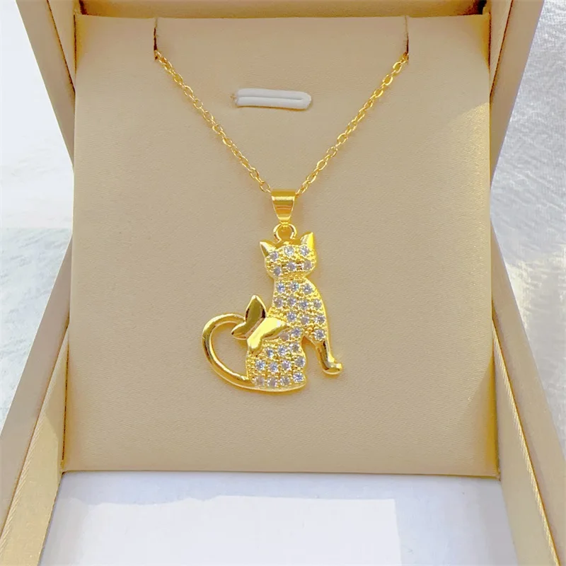 Exquisite Micro-inlaid Cute Cat Necklace Fashion Personality Long Tail Butterfly Animal Stainless Steel Versatile Clavicle Chain