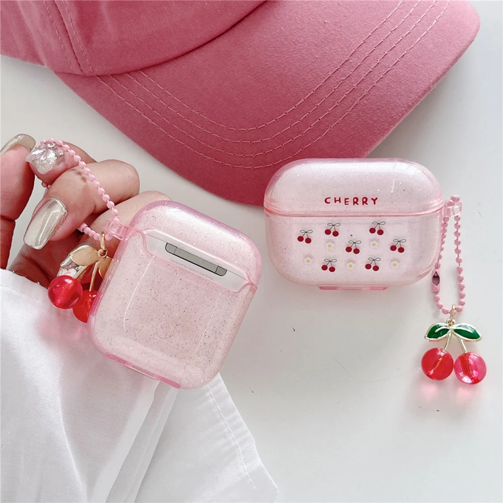 Cute Luxury Flash Pink Cherry Airpods Case For AirPods1/2/3/Pro Generation TPU AirPods 2 3 Pro Anti-fall With 3D Pendant
