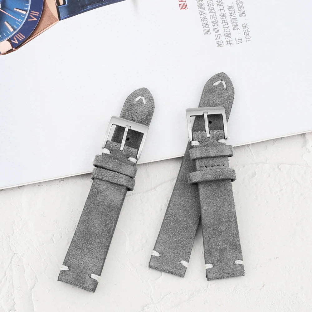 20mm New Grey Suede Leather Strap Retro Handmade Quick Release Watchband Replacement Belts For Watch Accessories