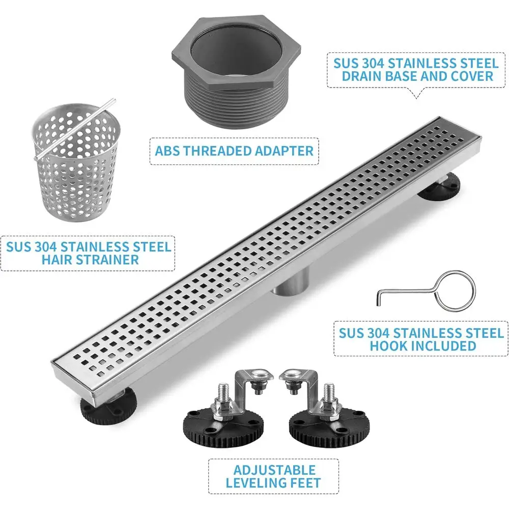 28 Rectangular Brushed Nickel Linear Shower Drain, 51L/min Drainage, CUPC Certified, SUS-304 Stainless Steel