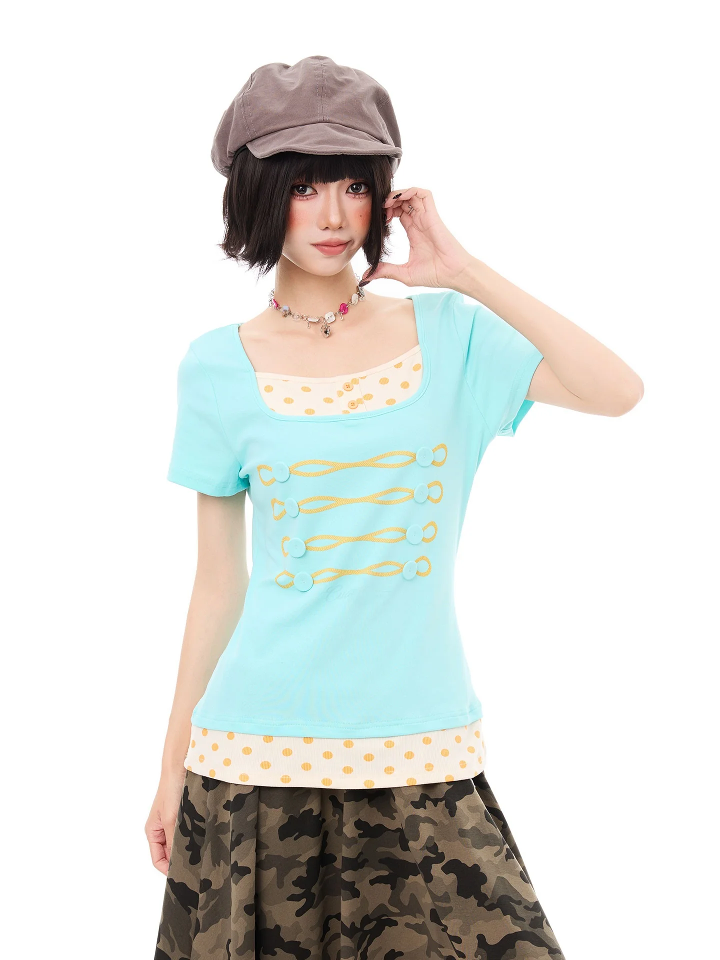 K787 Korean Style Polka Dot Short Sleeve T-Shirt Women's Short Shoulder Button Splice Summer Top Youth Fashion Cotton Blend