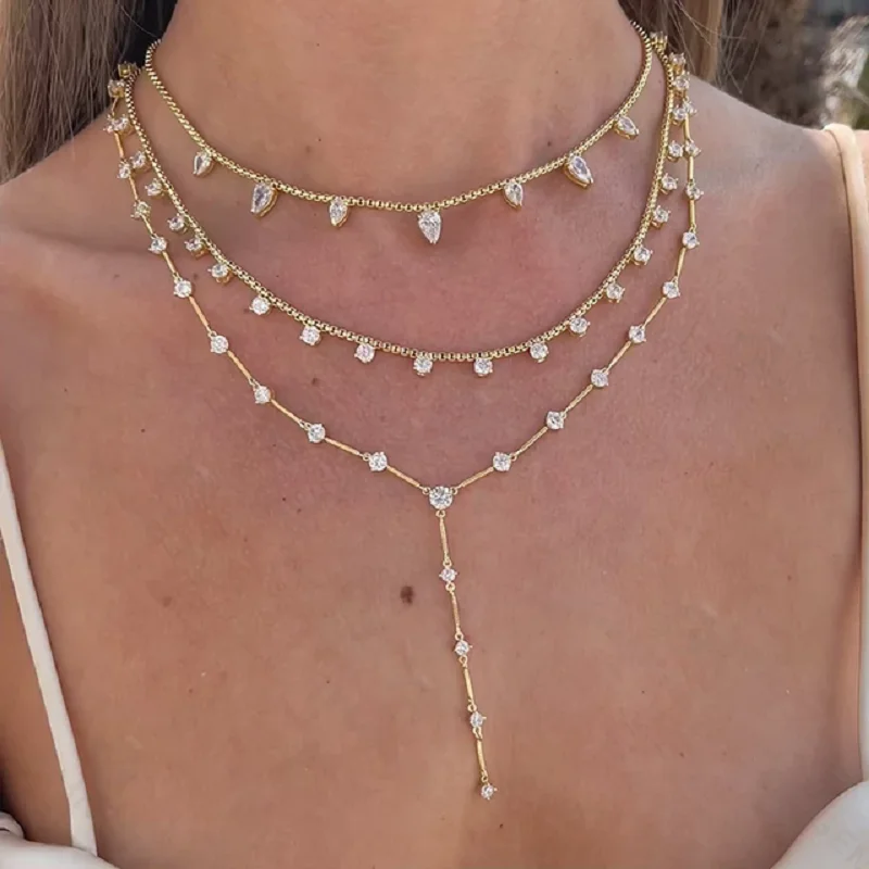 Geometric CZ Station Link Chain Choker Sexy Long Lariat Women Necklace High Quality Iced Out Zirconia Fashion Jewelry