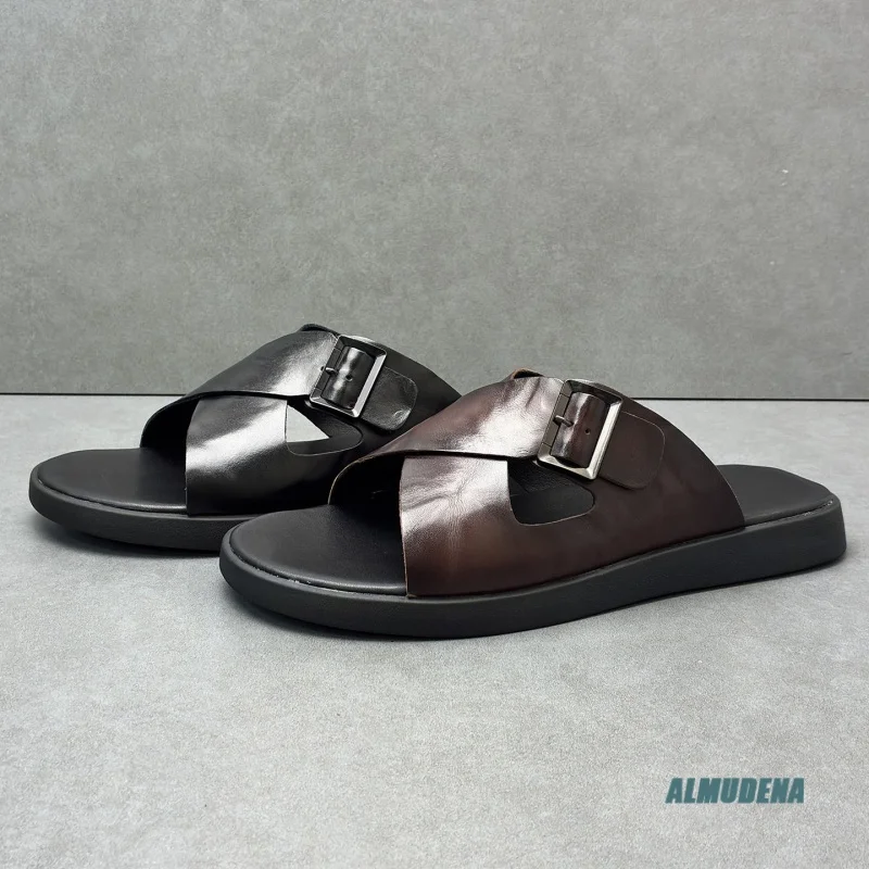 

Breathable Non-Slip Cross Strap Buckle Men's Slide Sandals Casual Open Toe Flat Slippers Outdoor Beach Daily Walking Shoes