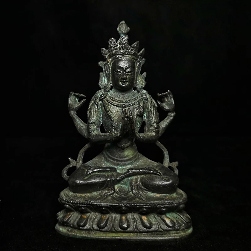 YIZHU CULTUER ART Size 15 × 6.2 cm Old Chinese Tibet Buddhism Temple Bronze Carved Four Arm Buddha Statue