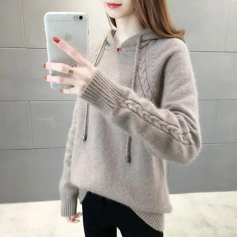 Autumn Winter New Fashion Hooded Solid Color Long Sleeve Pullovers Women\'s Clothing Korean Simplicity Youth Knitting Warm Tops