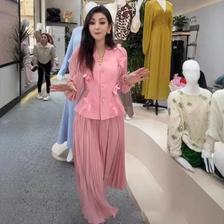 

Комплект из 2 предметов, женский мусульманский костюм, пальто, плиссированная юбка, топ, длинные юбки, наряды с бантом, аппликации, однобортный комплект для вечеринки в Дубае, 2025 г.