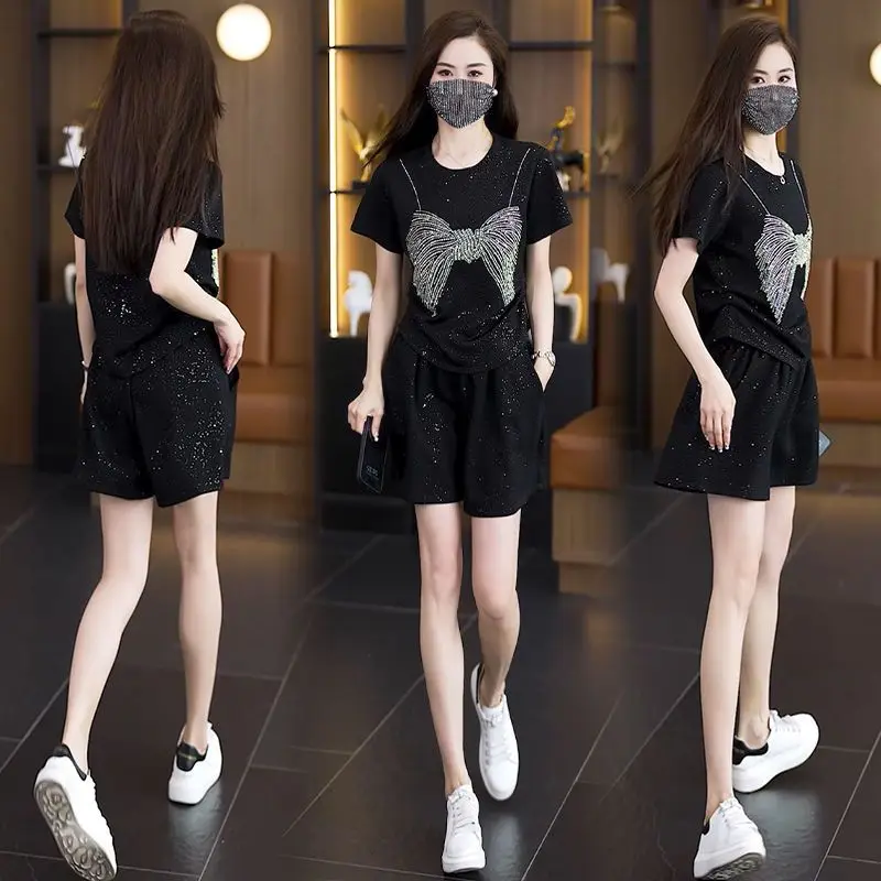 Summer Sequin Shirt Shorts Woman's Set Glitter Solid Short Sleeve Shirts Keep Slim Short Pants Sets Female Chic Street A398