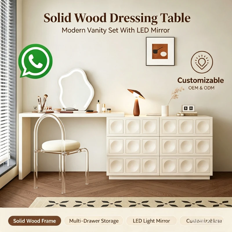 Solid Wood Dressing Table Set, Modern Vanity with Irregular LED Mirror & Multi‑Drawer Dresser for Bedroom Makeup Storage