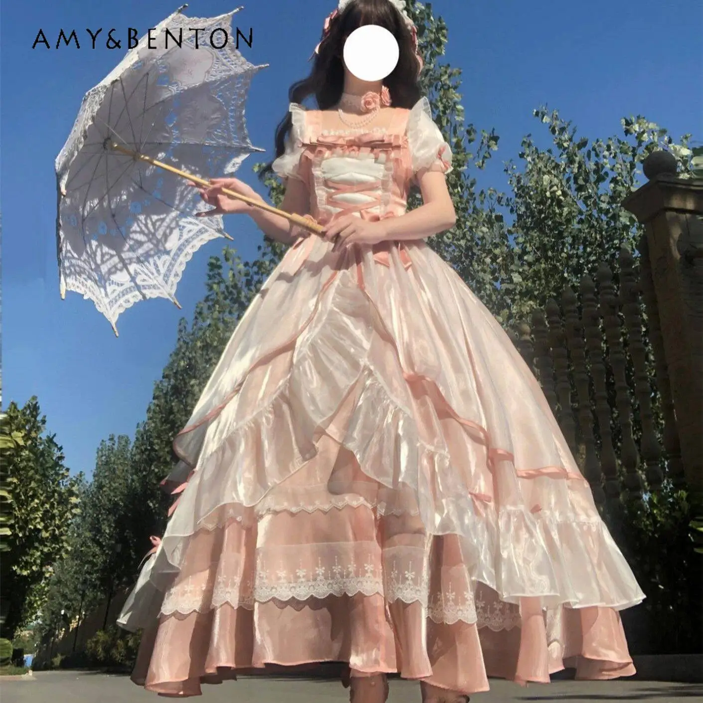 

Летнее Новое Платье в Стиле Лолита для Вечеринок и Церемоний, Розовое, с Коротким Рукавом, Бантом, Длинное, с Подвеской-Колье, для Взрослых Женщин