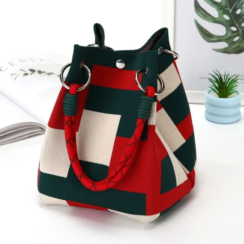 Mini Knitted Bucket Bag Women Geometric Colorblock Stylish Wristlet Small Fashion Handbag for Party Dates 1PC