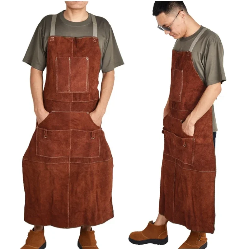 Cowhide Welding Aprons Heavy Duty Adjustable Strap Heat Flame Resistant for Blacksmith Mechanics Carpenter with Tool Pockets