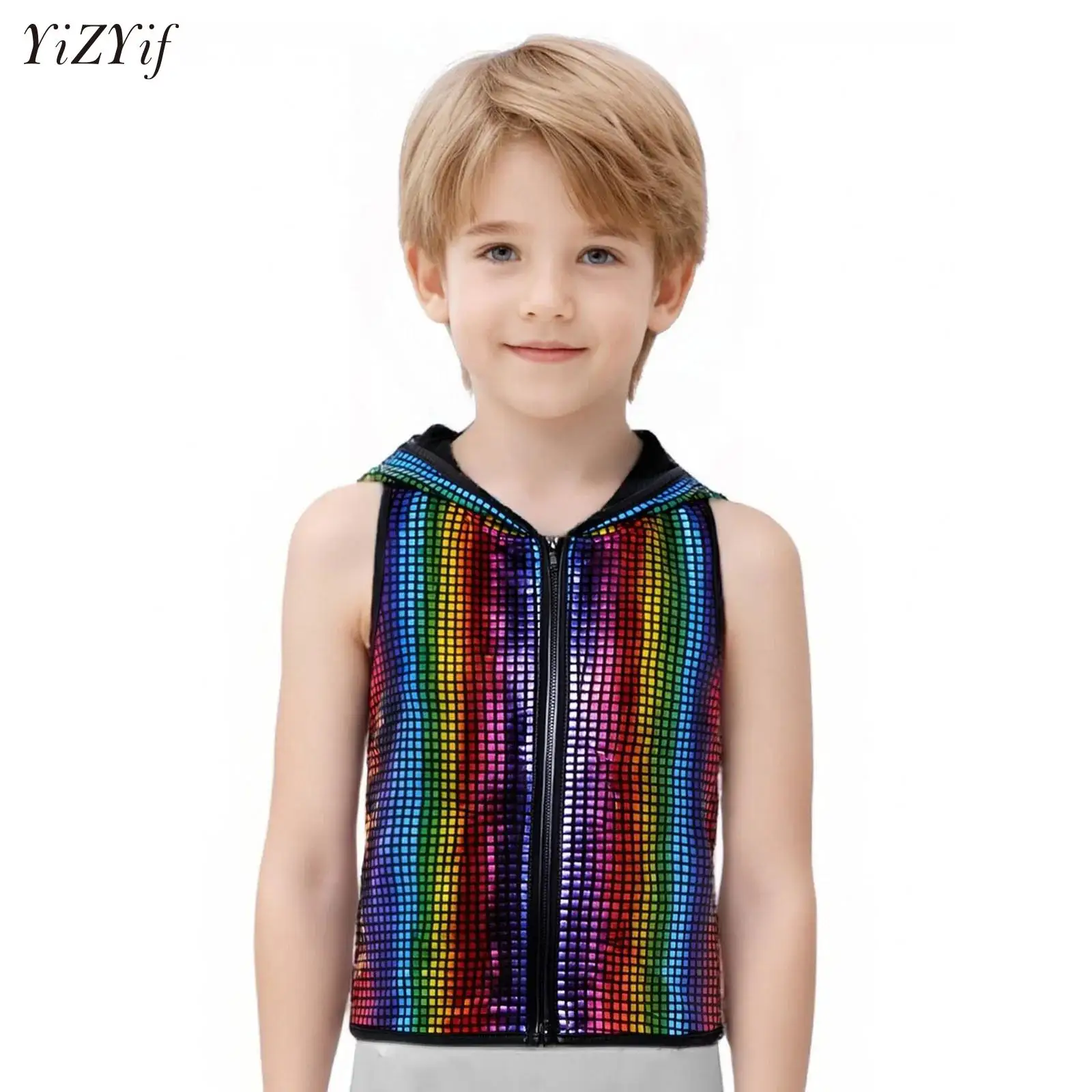 

Children Hip-hop Jazz Dance Metallic Plaid Racer-Back Hooded Vest Boys Girls Christmas Stage Performance Costumes Kids Clothes