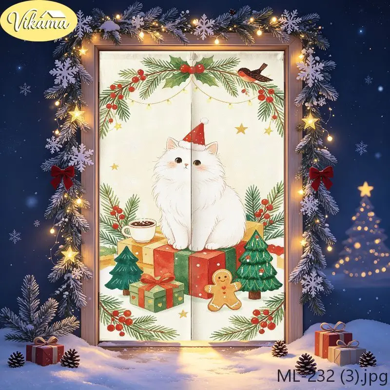 VIKAMA Christmas Snowman Top Hat Tree Gingerbread Door Curtain Black Claus Gift Coffee Cup Winter Cabin Holiday Linen Noren Soft