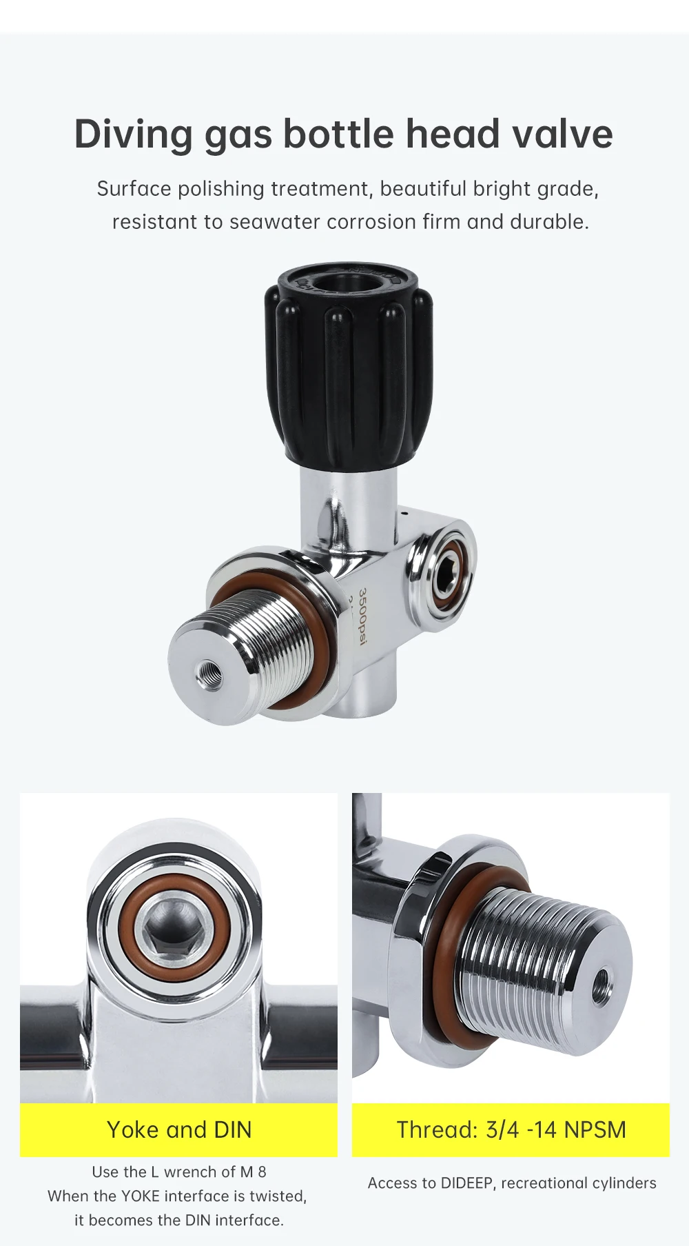 DIDEEP 3500Psi Tauchflaschenventil, Hochdruck DIN und YOKE 3/4-14NPSM Gewindeventil, Tauchflaschenzubehör – Detail 5