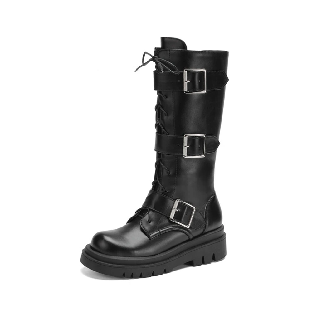 Punk Metal Decor Belt Buckle Mid-calf Gothic Long Boots Women Round Toe Lace Up Knight Boots Winter Outdoor Platform Shoes  18-3