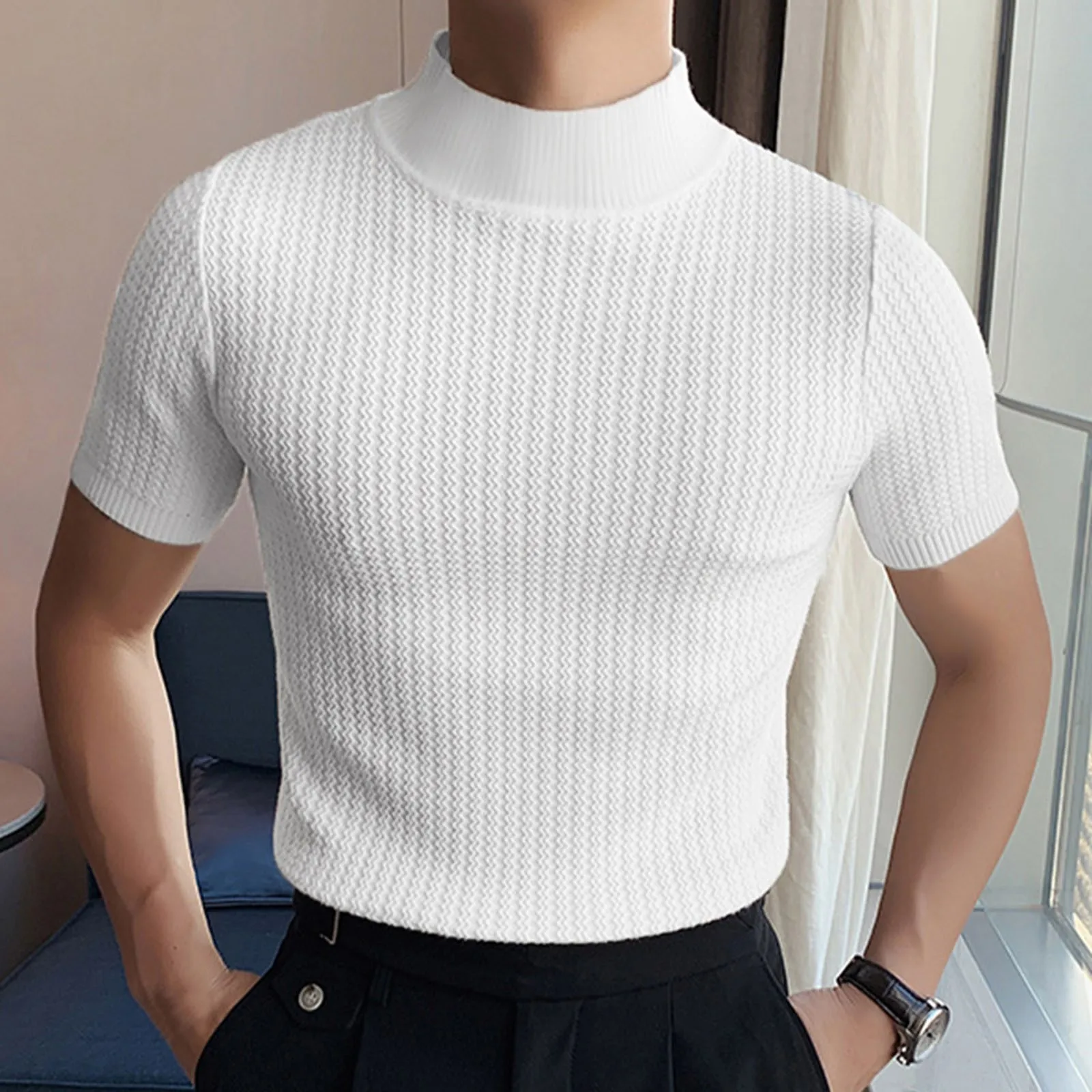 2023 Summer Tee Knitted Short Sleeve Half High Neck T-shirt Men\'s Slim Fit Pullover Round Neck Solid Knitting Shirt Korean Style