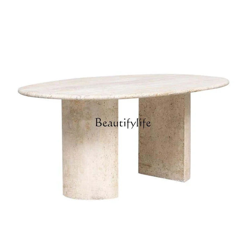 Semicircular base natural travertine oval dining table villa high-end restaurant travertine dining table