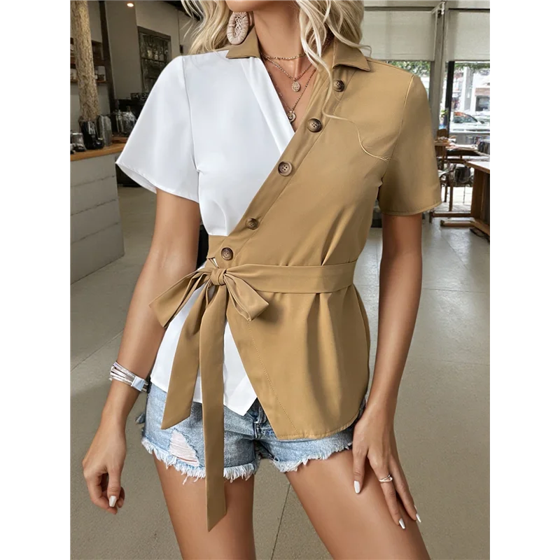 

ASDS-Женская летняя повседневная контрастная рубашка с v-образным вырезом и короткими рукавами, костюмная рубашка на пуговицах