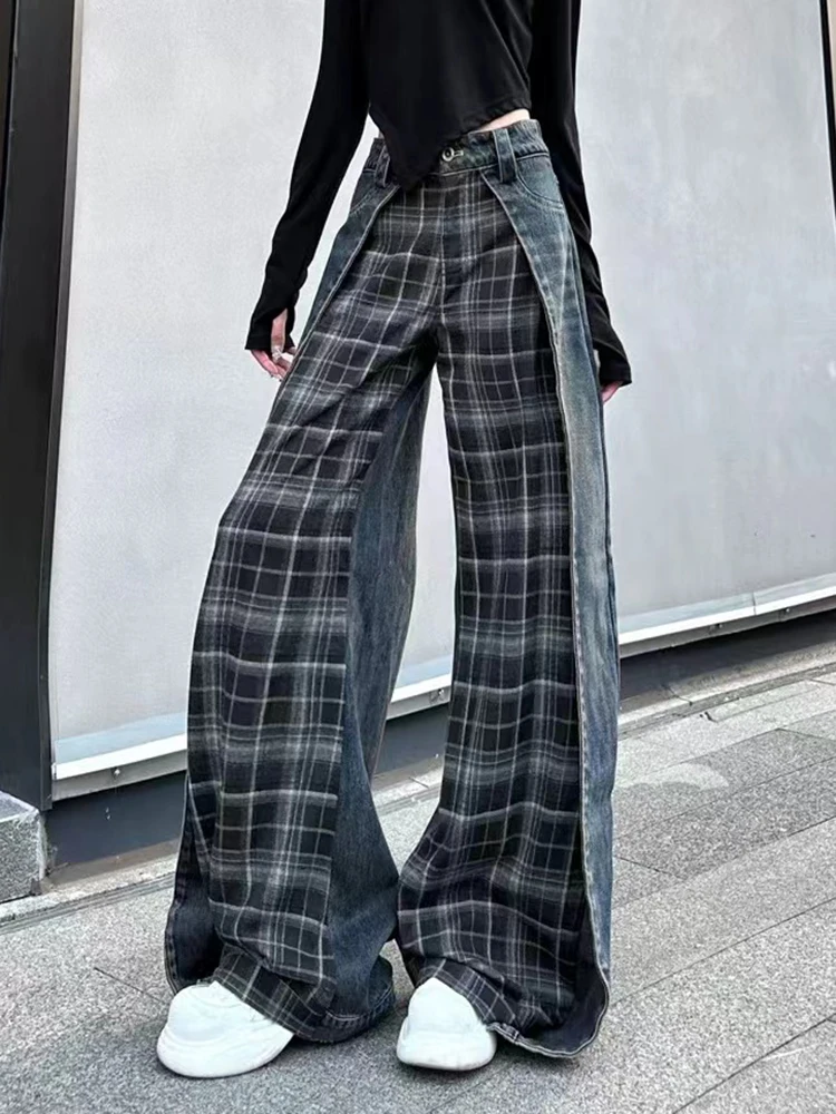 Stylish Fashion High Street Checked Jeans Women High Waist Wide Leg Denim Pants Female 2024 Jeans Trousers Y2K Oversized Jeans