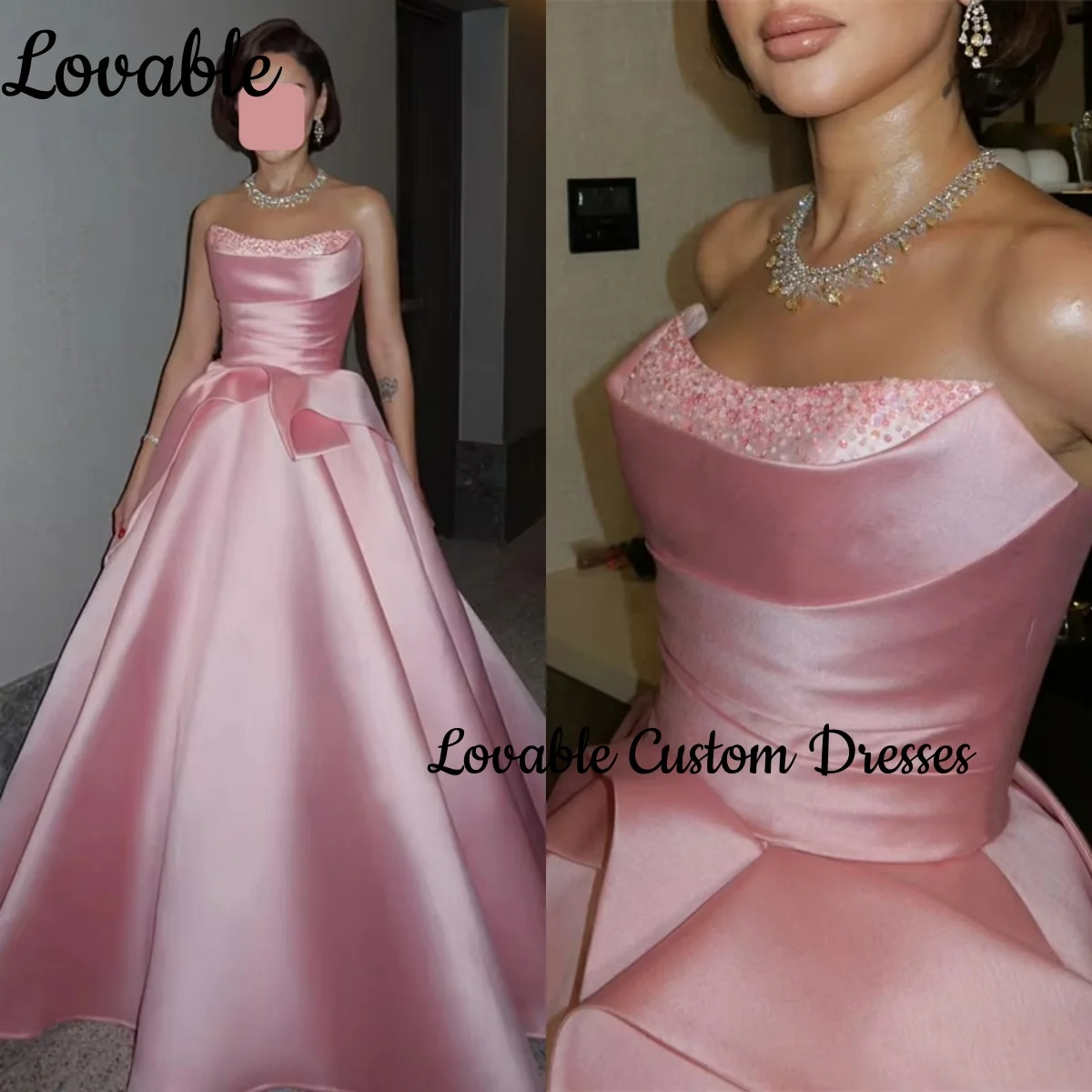 

Женское вечернее платье на заказ, А-силуэт, без бретелек, в пол, с бисерной отделкой, из атласа, для торжественных случаев, без рукавов, для вечеринок