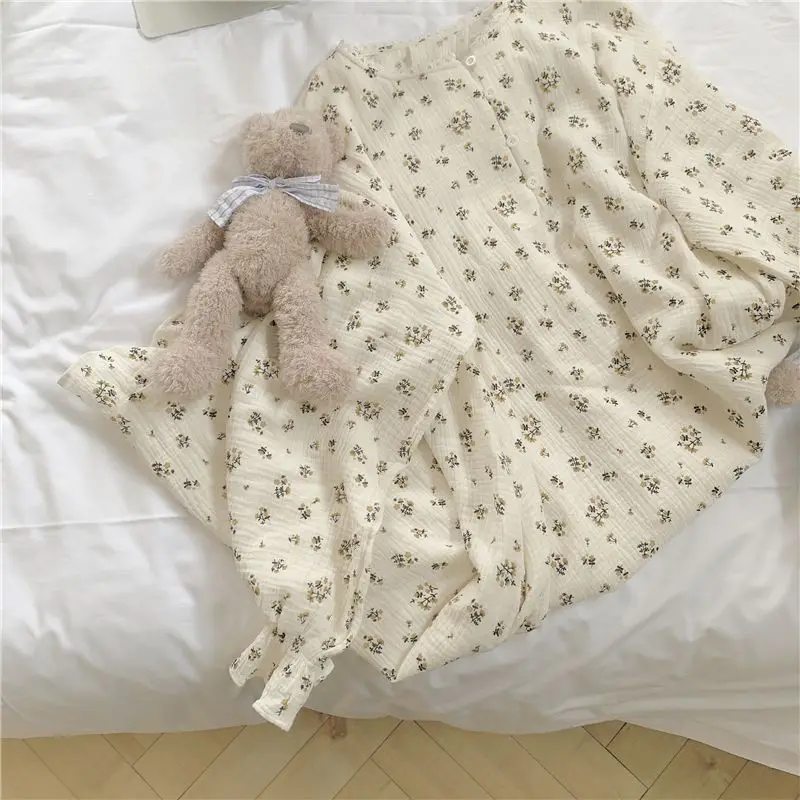 Floral Women Nightgown Korean Style Sleepwear Long Sleeve Night Dress Autumn Ruffle One Piece Pajamas Home Sleeping Wears New In