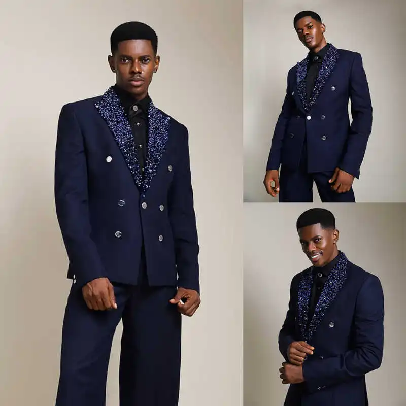 

Темно-синие мужские свадебные смокинги, комплект из 2 предметов, формальные брюки с лацканами и бисером, костюмы для банкета, вечеринки, дня рождения, индивидуальная одежда