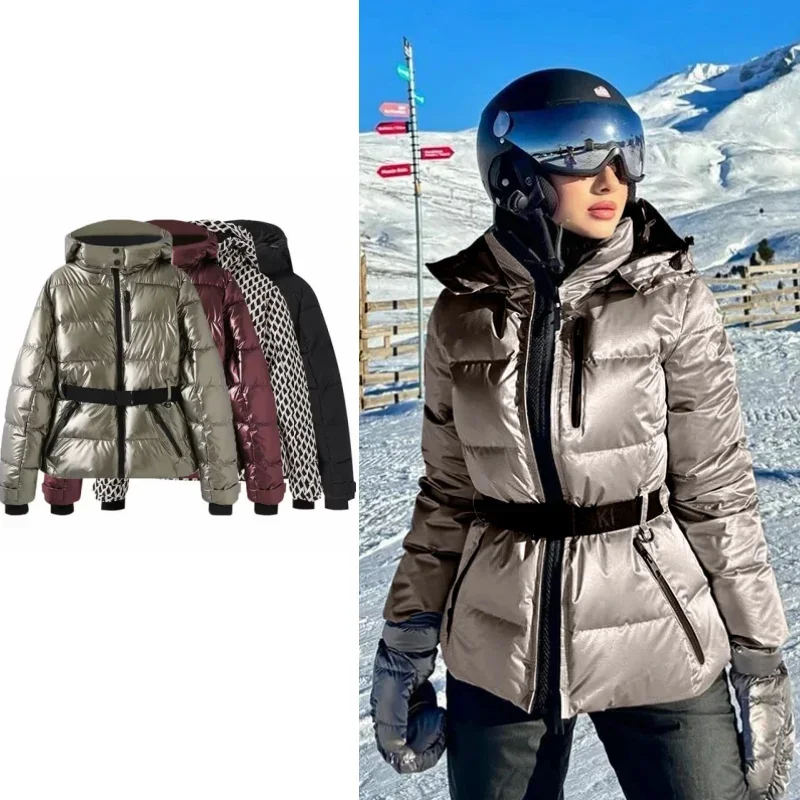 

Fashion Hooded Padded Coat with Belt Women Slim Standing Collar Full Sleeve Pocket Coat Winter Ladies Windproof Warm Ski Jacket