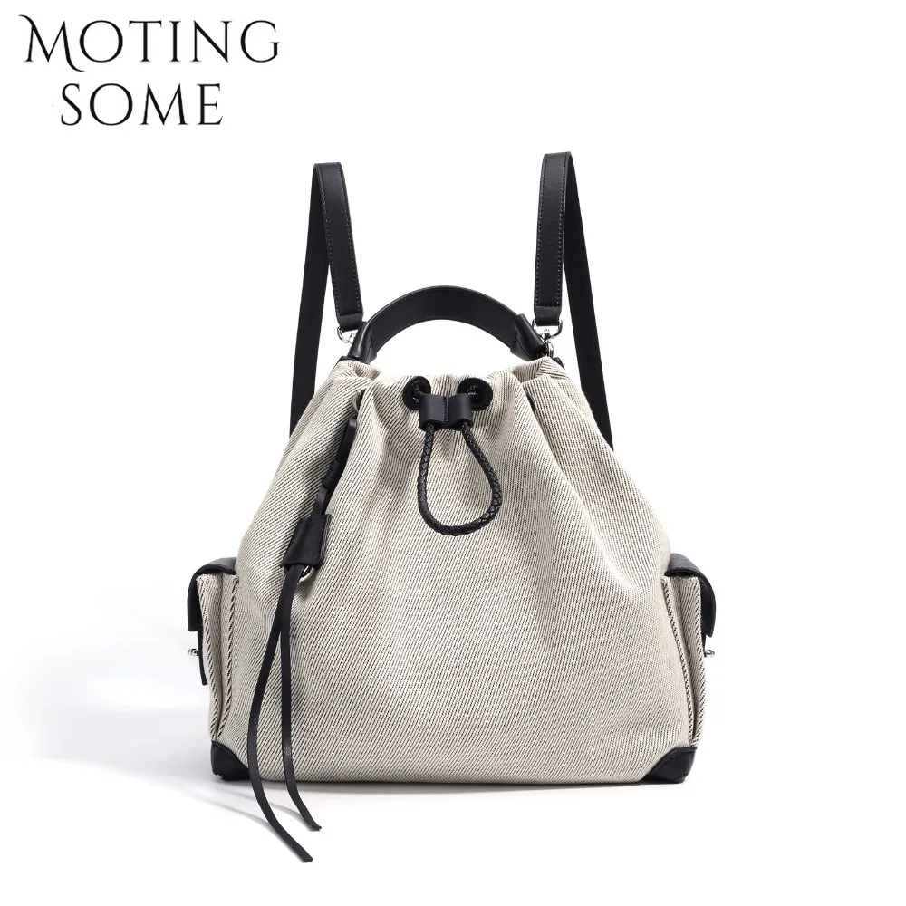 

Motingsome Fashionable Women Backpack Denim Fabric with Cowhide Lady Travel Backpack Retro Drawstring Cowhide Large Back Pack
