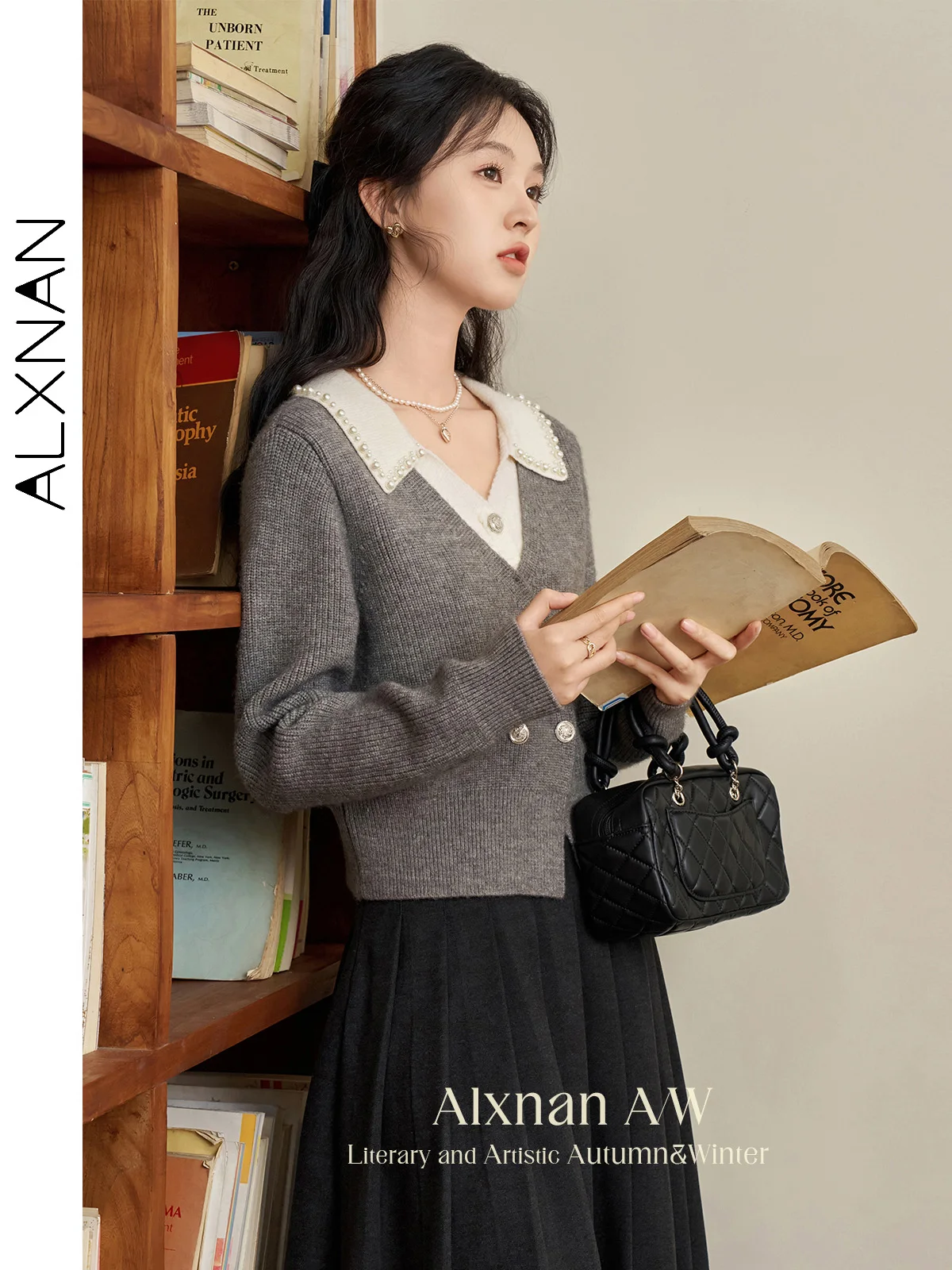 ALXNAN 플러스 사이즈 여성용 그레이 카디건 브이넥 가짜 투피스 니트 스웨터 우아한 비즈 칼라 금속 단추 스웨터 D07118