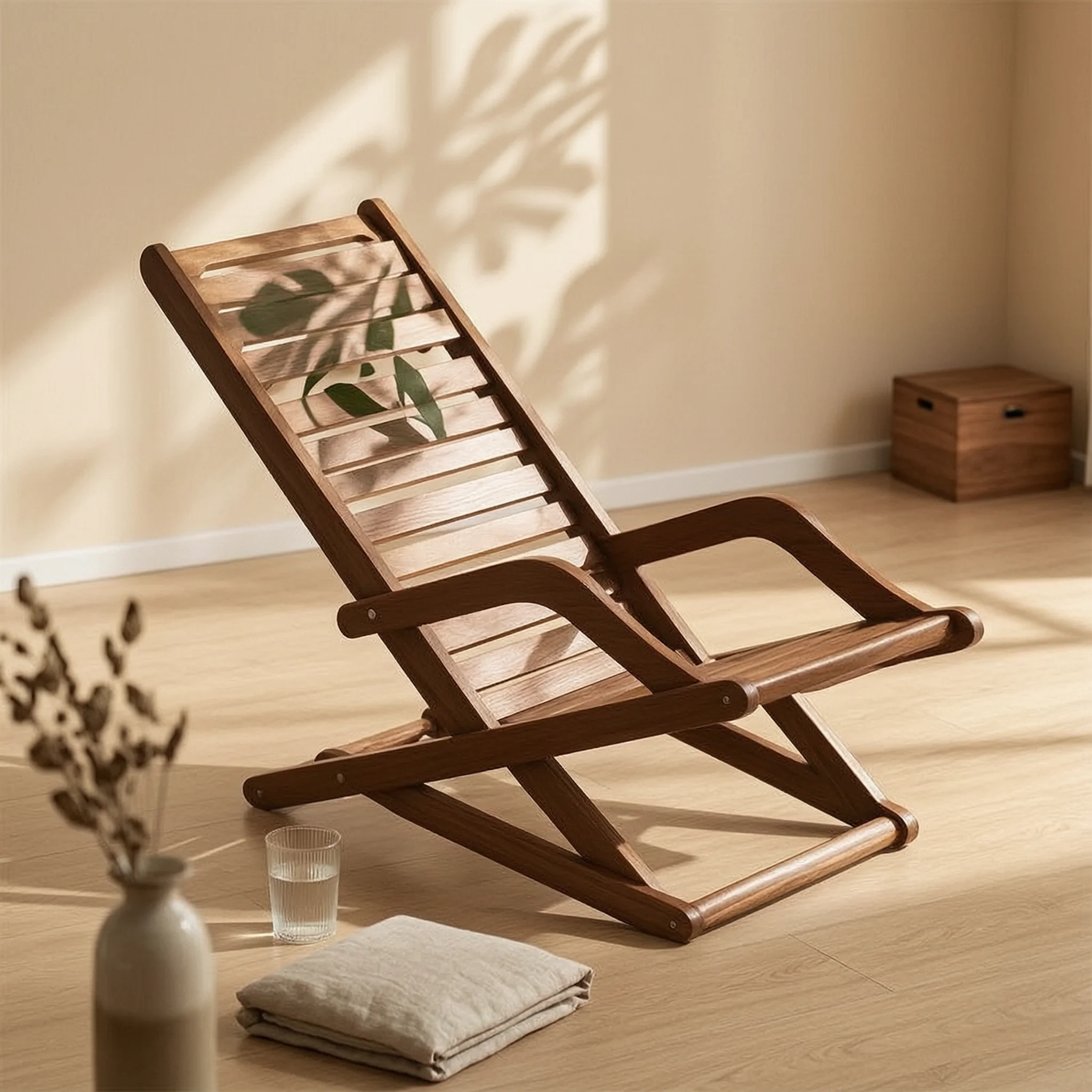 Wooden Rocking Chair with Armrests Folding Solid Wood Slatted Seat Lounge Garden Rocker Space-saving for Balcony