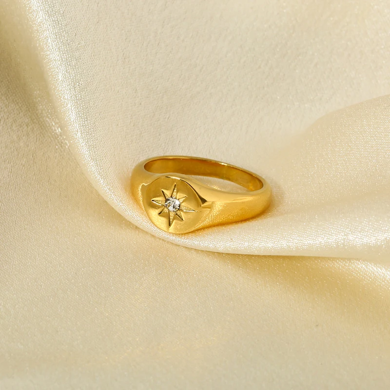 INS Simple 18k Gold Plated Stainless Steel Inlaid Glass Star Starburst Rings for Women Waterproof Jewelry Gift