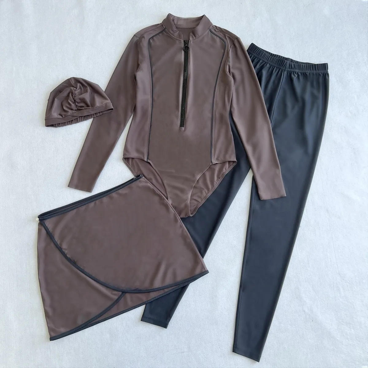 Modest Leaf Print Tankini with Skirt Long Sleeve High Neck Sun Protection Swimwear Two Piece Bathing Suit for Women