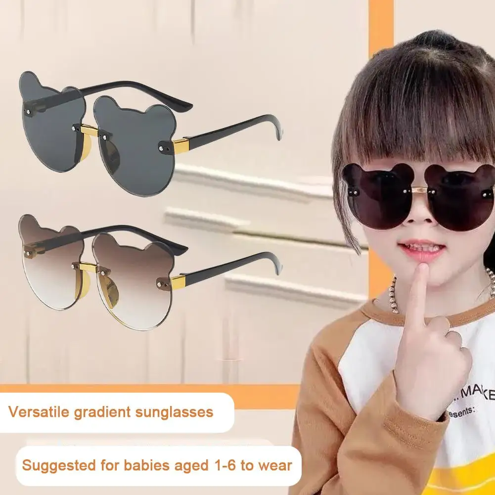 Children Fashion Bear Shape Sun Sunglasses Glasses Shape Bear Gradient Rimless Color Frame Anti-ultraviolet Ears Glasses Cu H4V7