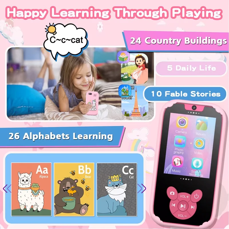Teléfono inteligente para niños, juguetes educativos, cámara Dual, reproductor de música, teléfono para bebé con memoria de 8G, juego de aprendizaje para edades de 3 a 12 años, regalos de cumpleaños