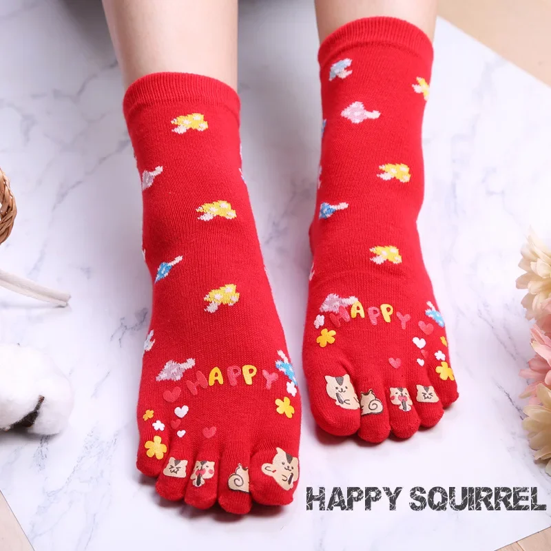 

4 Pairs Cute Women Socks Adult Korean Cartoon Cotton Comfortable Casual Kawaii Five Toe Socks Ladies