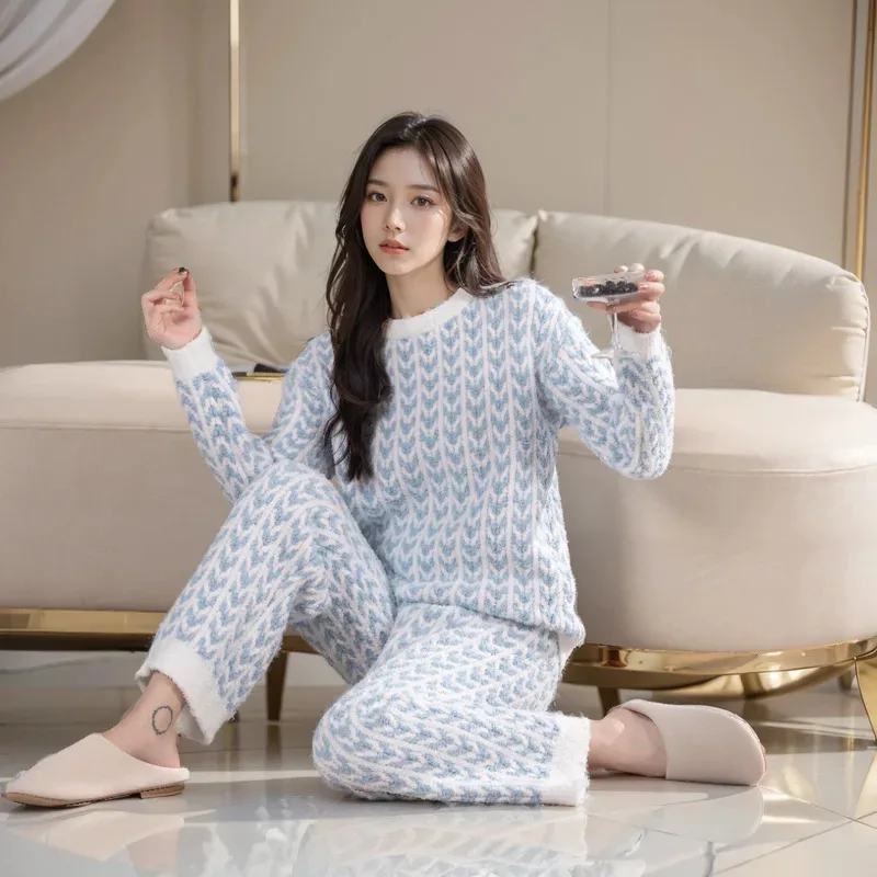 

Пижама Ear of Wheat, синий пуловер с круглым вырезом и длинными рукавами, мягкие брюки, осенняя домашняя одежда, зимняя одежда для сна, комплекты одежды для женщин