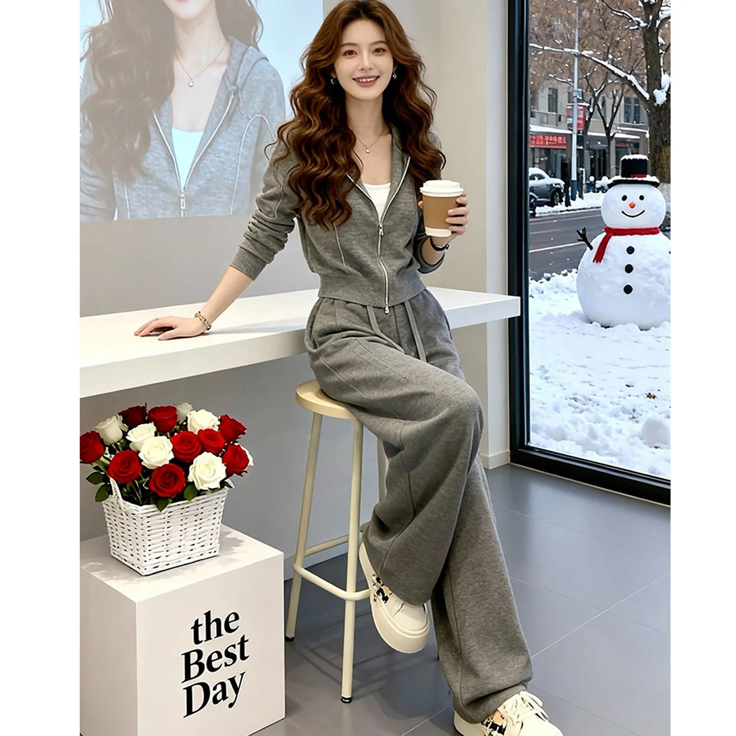 Fashionable Casual Sporty Women's Set Hoodie Two-Piece Suit Warm Loose Slimming Autumn Winter New Arrival Streetwear Style